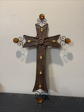 Amber Accented Brown Decorative Wall Cross - Home Wall Decor